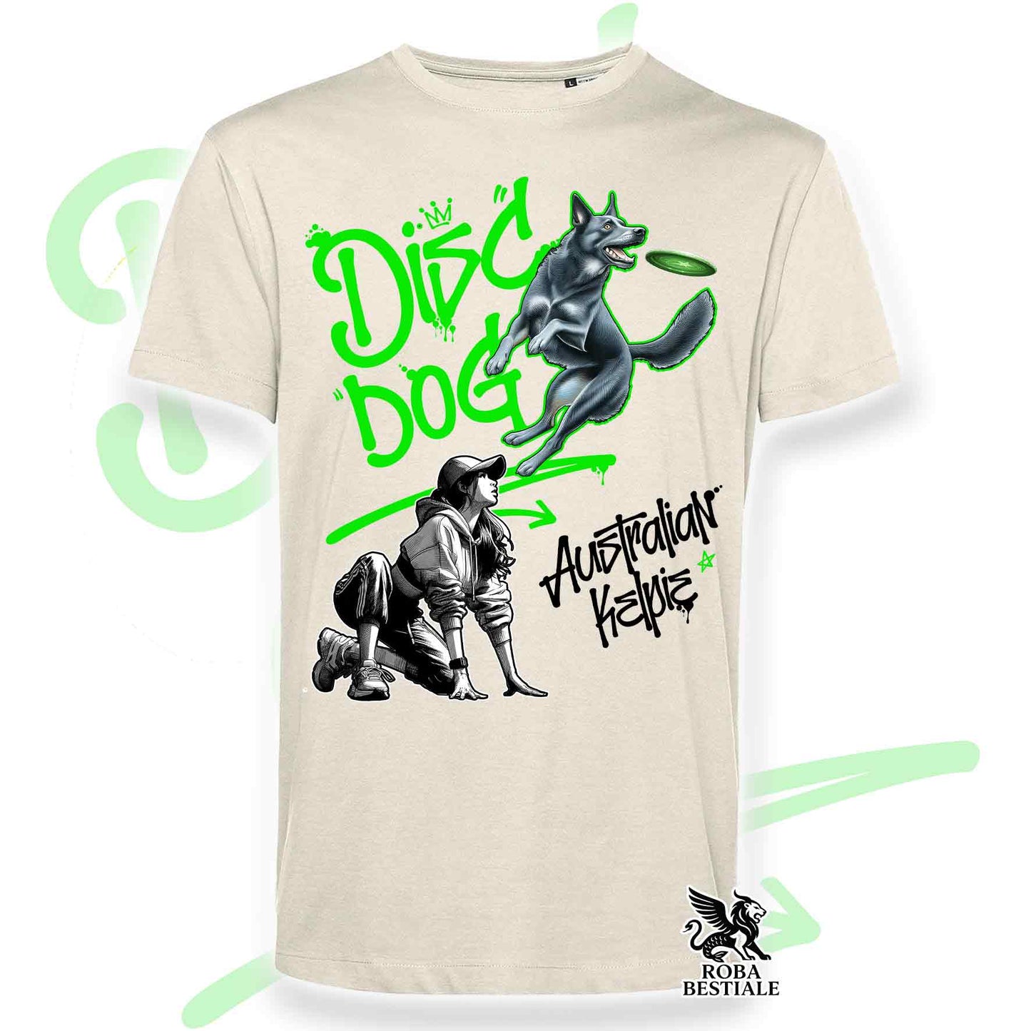 T-Shirt DISC DOG Graffiti "GIRL" - AUSTRALIAN KELPIE Blu Cenere - Off White, colore dettagli a scelta - dalla XS alla 2XL