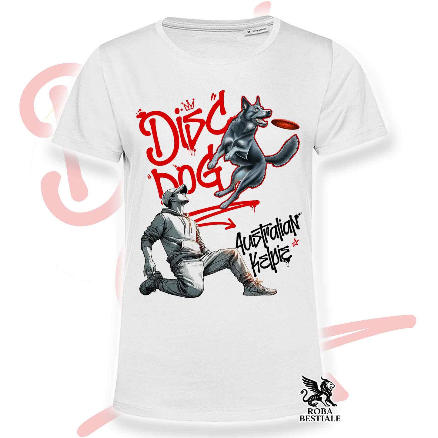 T-Shirt DISC DOG Graffiti "BOY" - AUSTRALIAN KELPIE Blu Cenere - Bianca, colore dettagli a scelta - dalla XS alla 5XL