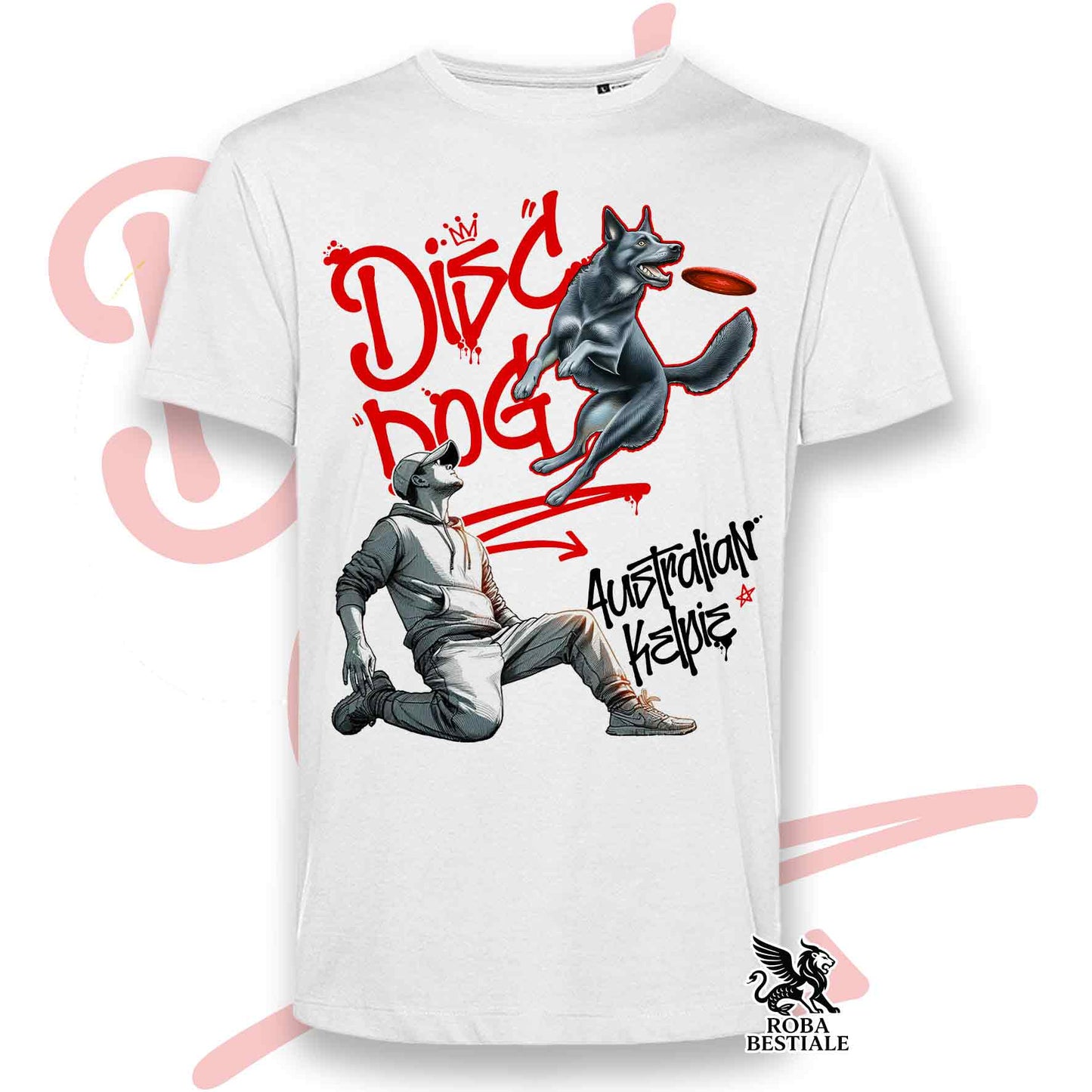 T-Shirt DISC DOG Graffiti "BOY" - AUSTRALIAN KELPIE Blu Cenere - Bianca, colore dettagli a scelta - dalla XS alla 5XL