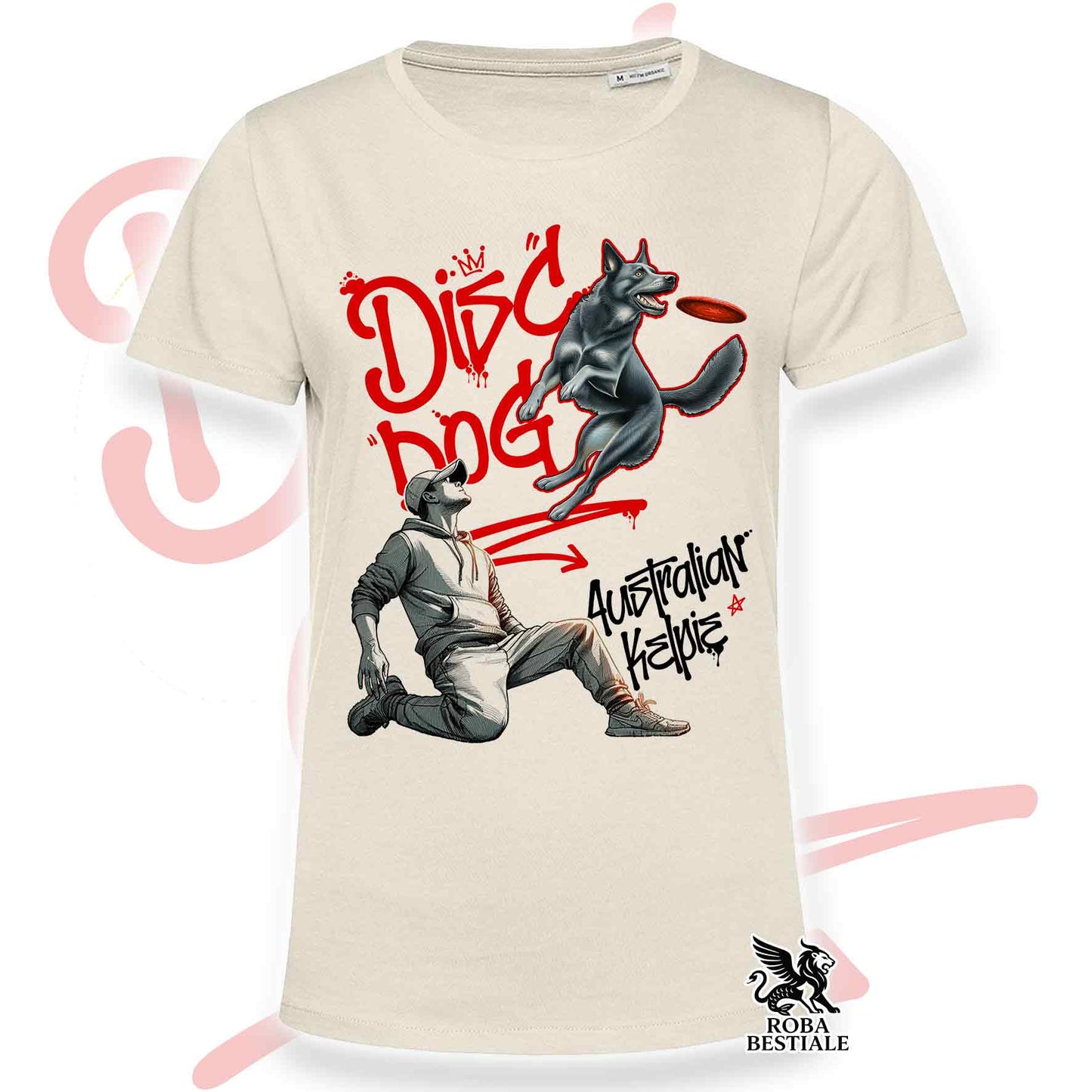 T-Shirt DISC DOG Graffiti "BOY" - AUSTRALIAN KELPIE Blu Cenere - Off White, colore dettagli a scelta - dalla XS alla 2XL