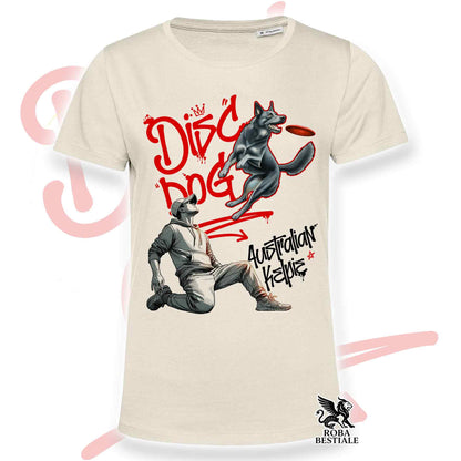 T-Shirt DISC DOG Graffiti "BOY" - AUSTRALIAN KELPIE Blu Cenere - Off White, colore dettagli a scelta - dalla XS alla 2XL