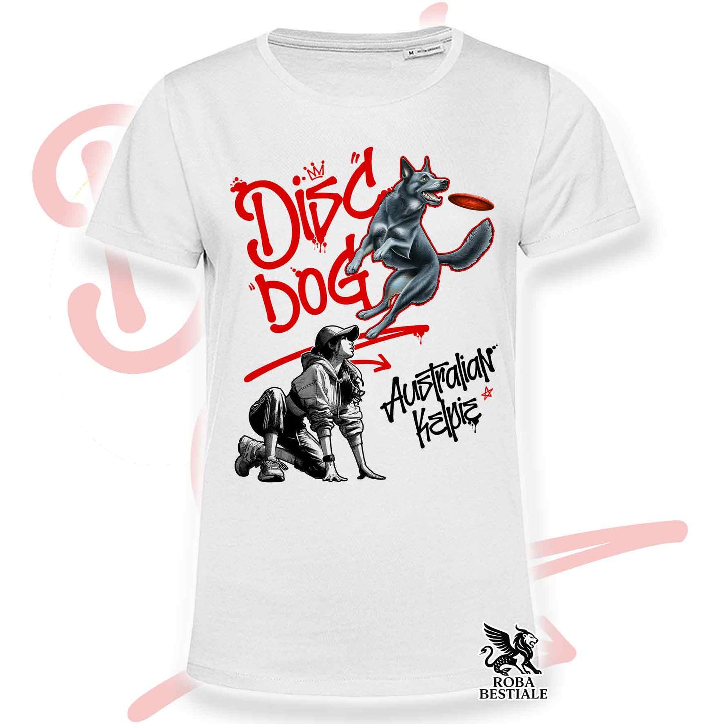 T-Shirt DISC DOG Graffiti "GIRL" - AUSTRALIAN KELPIE Blu Cenere - Bianca, colore dettagli a scelta - dalla XS alla 5XL