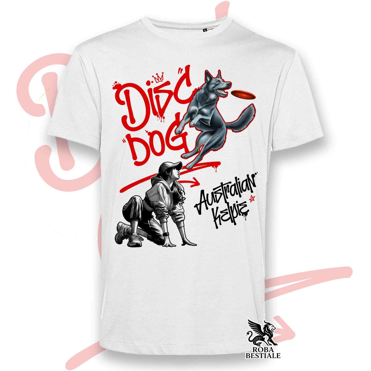 T-Shirt DISC DOG Graffiti "GIRL" - AUSTRALIAN KELPIE Blu Cenere - Bianca, colore dettagli a scelta - dalla XS alla 5XL