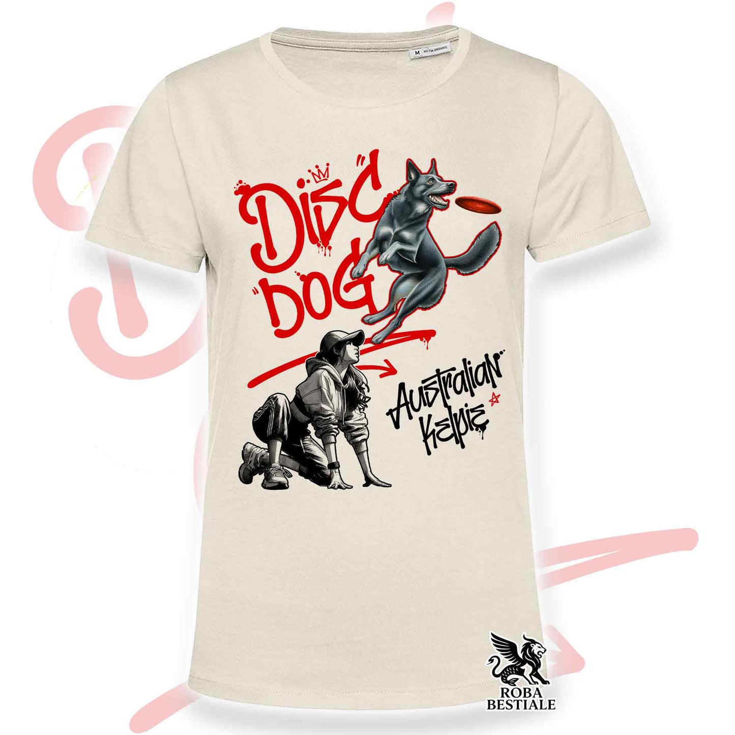 T-Shirt DISC DOG Graffiti "GIRL" - AUSTRALIAN KELPIE Blu Cenere - Off White, colore dettagli a scelta - dalla XS alla 2XL