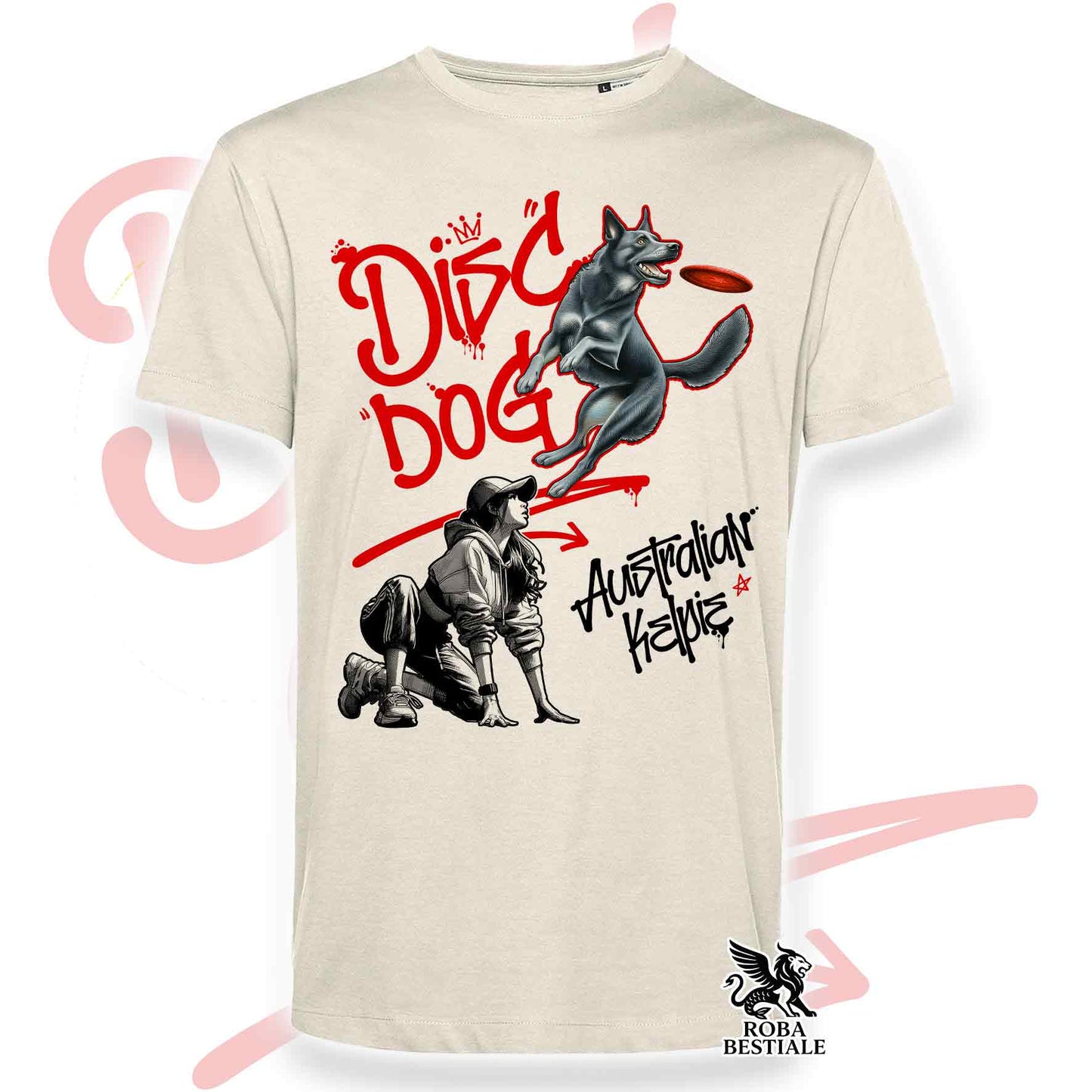 T-Shirt DISC DOG Graffiti "GIRL" - AUSTRALIAN KELPIE Blu Cenere - Off White, colore dettagli a scelta - dalla XS alla 2XL