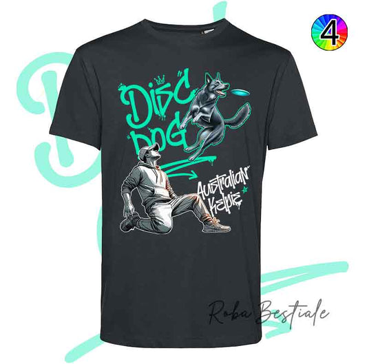 T-Shirt NERA Disc Dog GRAFFITI - AUSTRALIAN KELPIE Blue - Design "BOY" - Dettagli in 4 colori!