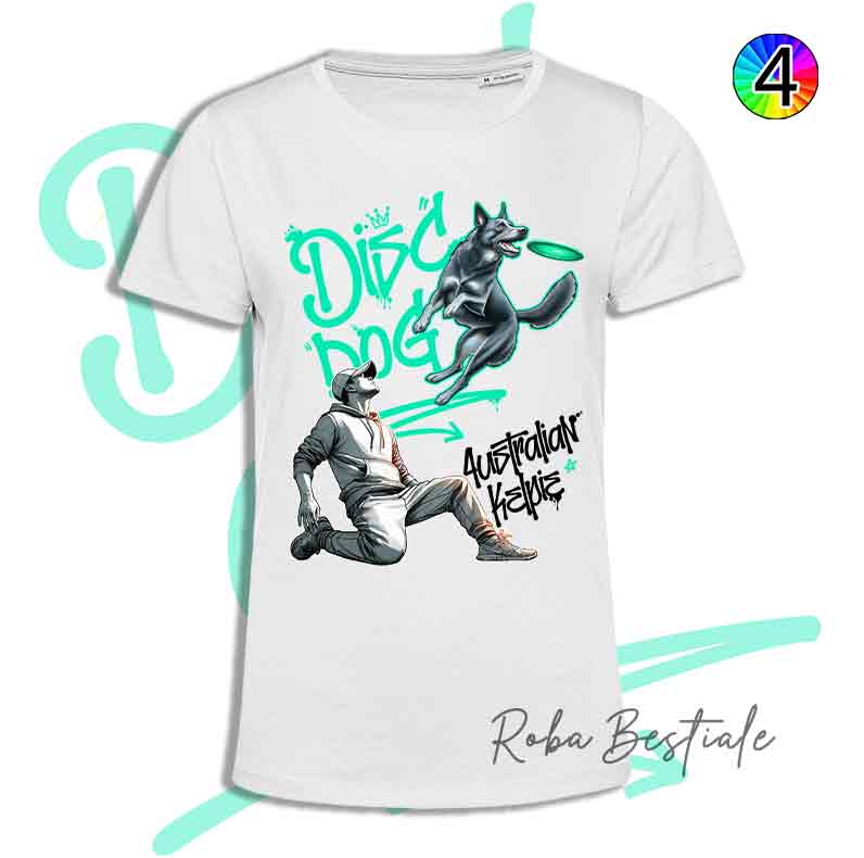 T-Shirt Disc Dog GRAFFITI - AUSTRALIAN KELPIE Blue - Design "BOY" - Dettagli in 4 colori!