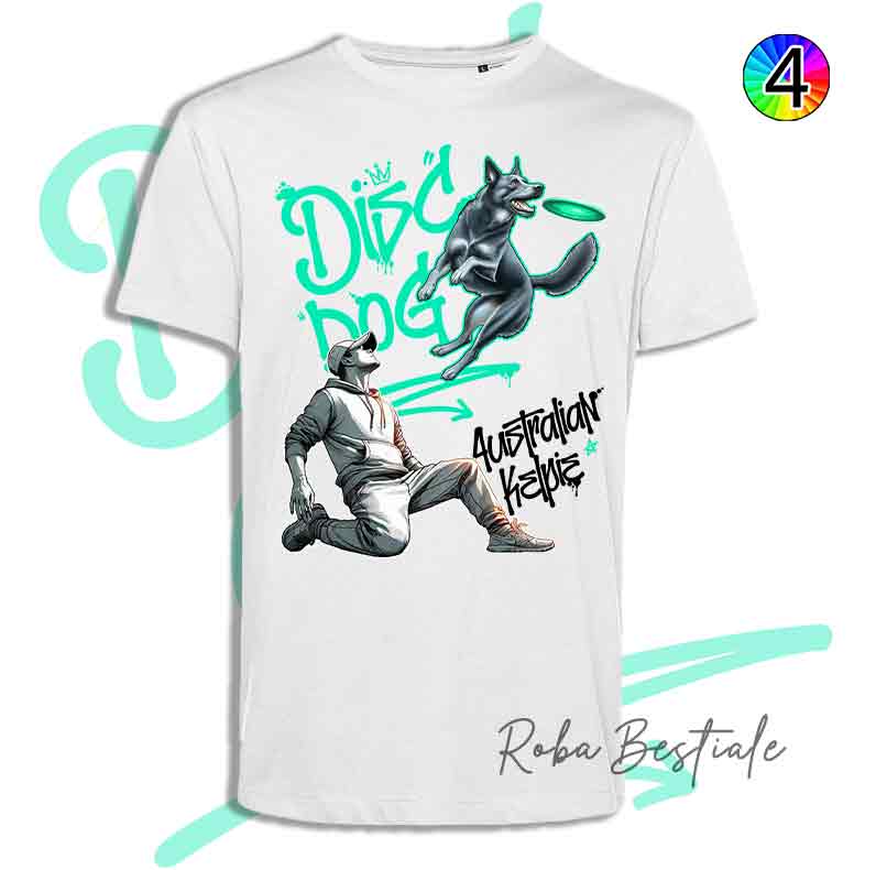 T-Shirt Disc Dog GRAFFITI - AUSTRALIAN KELPIE Blue - Design "BOY" - Dettagli in 4 colori!
