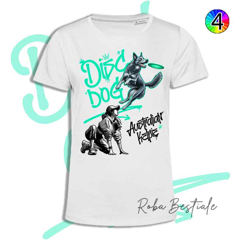 T-Shirt Disc Dog GRAFFITI - AUSTRALIAN KELPIE Blue - Design "GIRL" - Dettagli in 4 colori!