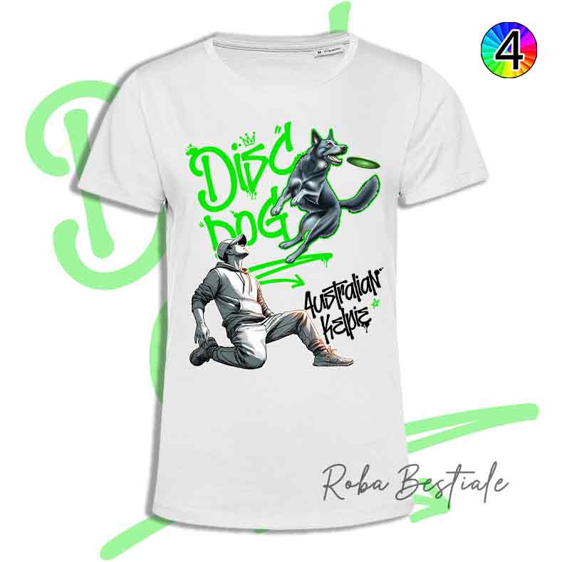 T-Shirt Disc Dog GRAFFITI - AUSTRALIAN KELPIE Blue - Design "BOY" - Dettagli in 4 colori!