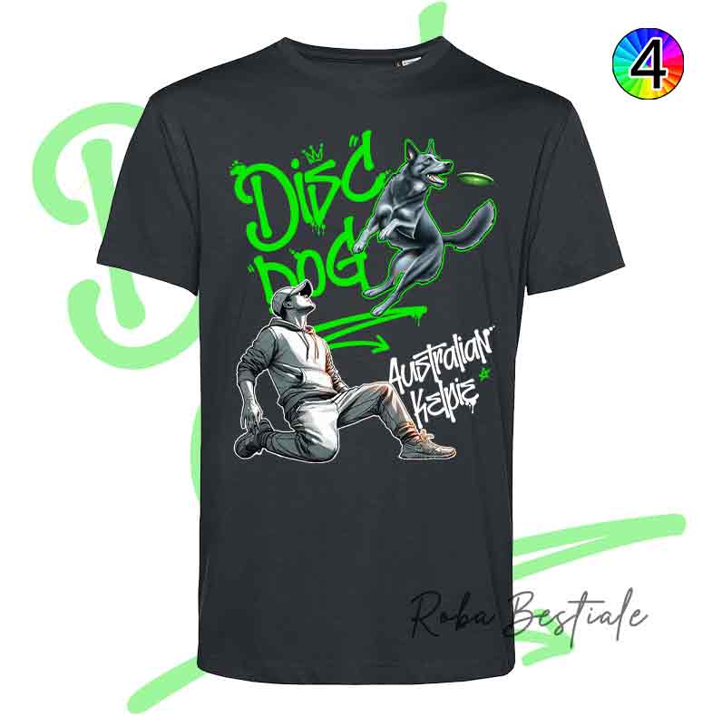 T-Shirt NERA Disc Dog GRAFFITI - AUSTRALIAN KELPIE Blue - Design "BOY" - Dettagli in 4 colori!