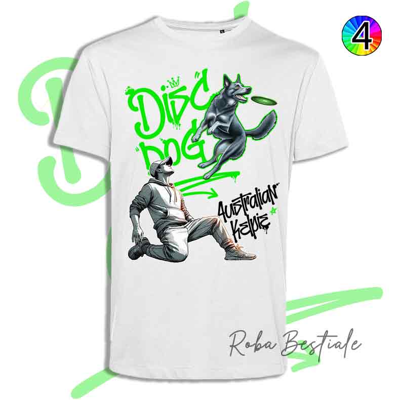 T-Shirt Disc Dog GRAFFITI - AUSTRALIAN KELPIE Blue - Design "BOY" - Dettagli in 4 colori!