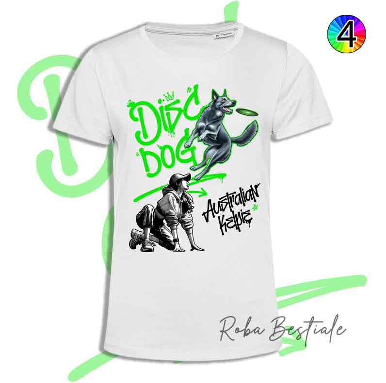 T-Shirt Disc Dog GRAFFITI - AUSTRALIAN KELPIE Blue - Design "GIRL" - Dettagli in 4 colori!