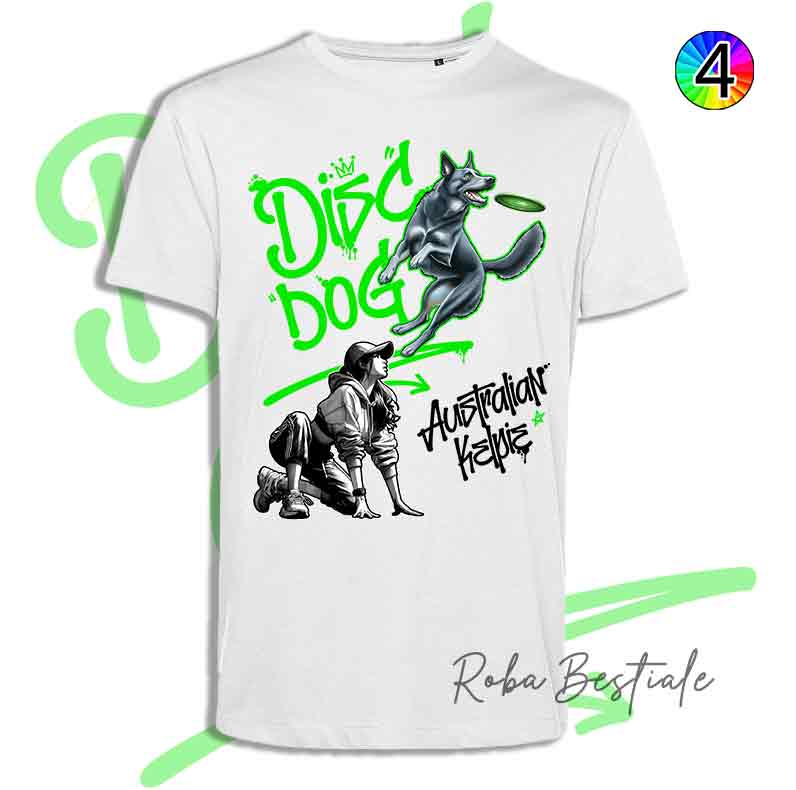 T-Shirt Disc Dog GRAFFITI - AUSTRALIAN KELPIE Blue - Design "GIRL" - Dettagli in 4 colori!