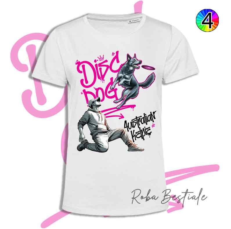 T-Shirt Disc Dog GRAFFITI - AUSTRALIAN KELPIE Blue - Design "BOY" - Dettagli in 4 colori!