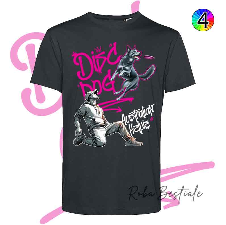 T-Shirt NERA Disc Dog GRAFFITI - AUSTRALIAN KELPIE Blue - Design "BOY" - Dettagli in 4 colori!