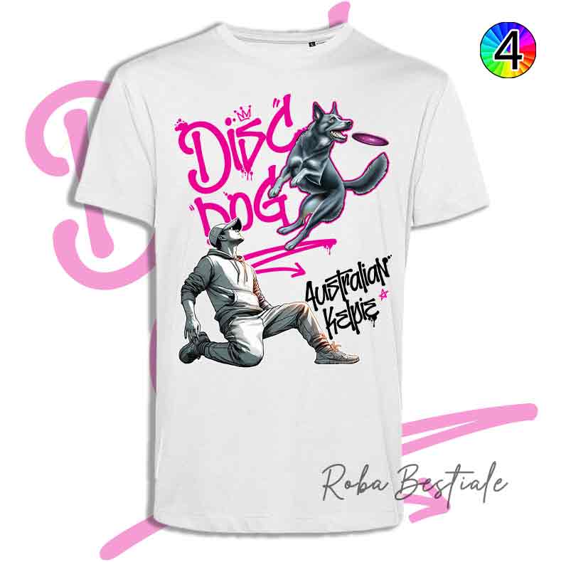 T-Shirt Disc Dog GRAFFITI - AUSTRALIAN KELPIE Blue - Design "BOY" - Dettagli in 4 colori!