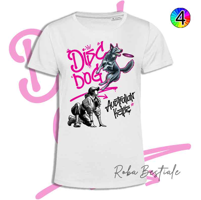 T-Shirt Disc Dog GRAFFITI - AUSTRALIAN KELPIE Blue - Design "GIRL" - Dettagli in 4 colori!