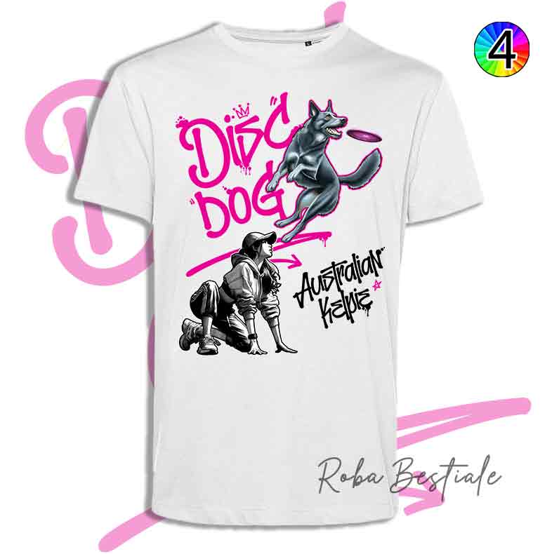 T-Shirt Disc Dog GRAFFITI - AUSTRALIAN KELPIE Blue - Design "GIRL" - Dettagli in 4 colori!