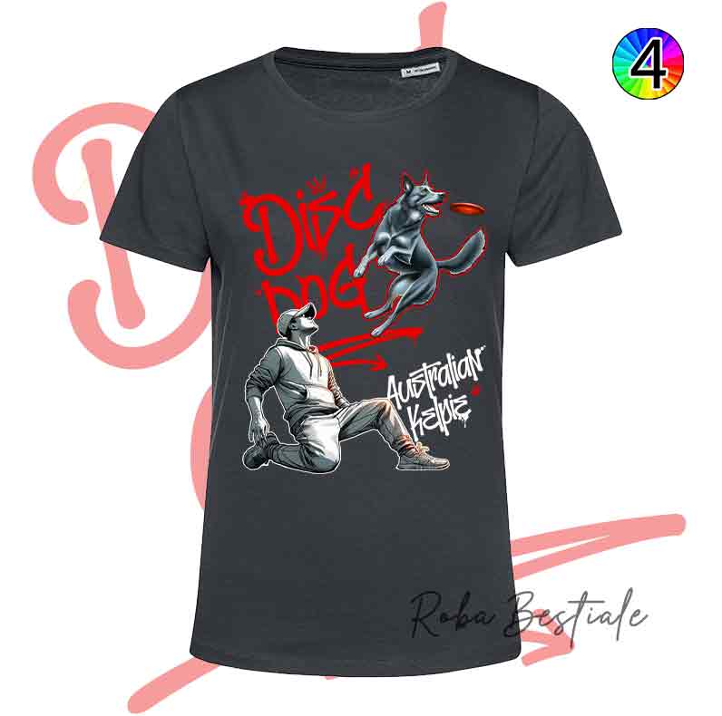 T-Shirt NERA Disc Dog GRAFFITI - AUSTRALIAN KELPIE Blue - Design "BOY" - Dettagli in 4 colori!