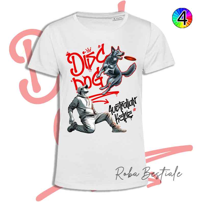 T-Shirt Disc Dog GRAFFITI - AUSTRALIAN KELPIE Blue - Design "BOY" - Dettagli in 4 colori!