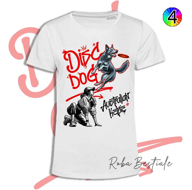 T-Shirt Disc Dog GRAFFITI - AUSTRALIAN KELPIE Blue - Design "GIRL" - Dettagli in 4 colori!