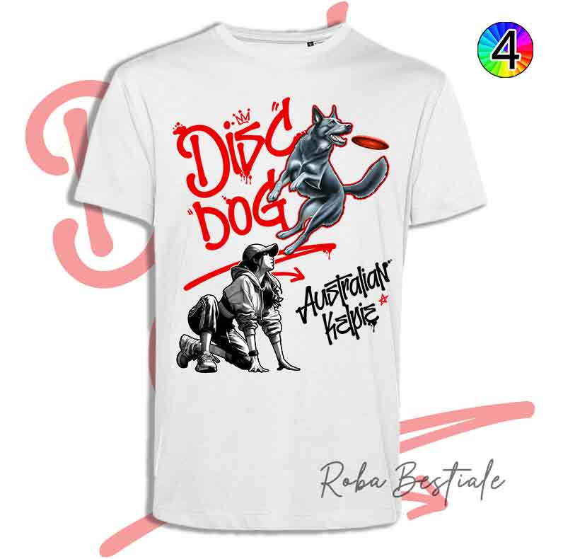 T-Shirt Disc Dog GRAFFITI - AUSTRALIAN KELPIE Blue - Design "GIRL" - Dettagli in 4 colori!
