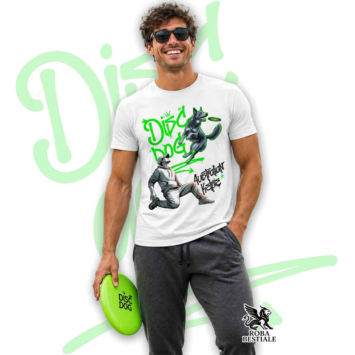 T-Shirt DISC DOG Graffiti "BOY" - AUSTRALIAN KELPIE Blu Cenere - Bianca, colore dettagli a scelta - dalla XS alla 5XL