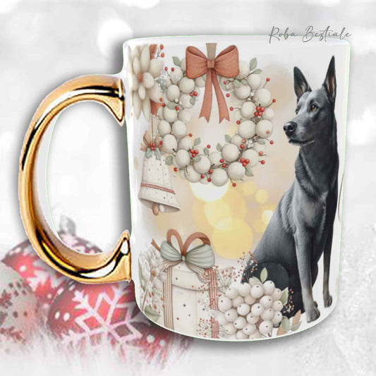 Tazza COZY WINTER - AUSTRALIAN KELPIE Blu Cenere - In Ceramica, con manico color Oro - 330 ml