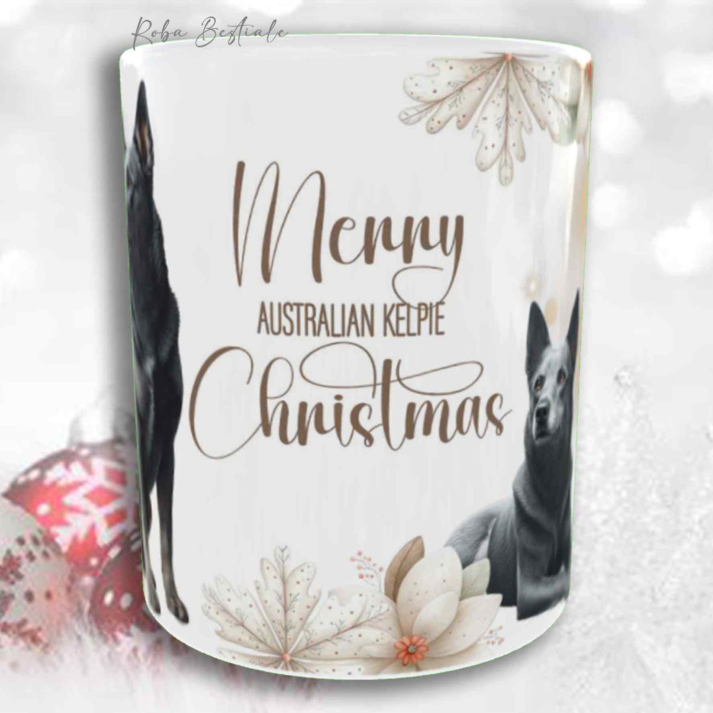 Tazza COZY WINTER - AUSTRALIAN KELPIE Blu Cenere - In Ceramica, con manico color Oro - 330 ml