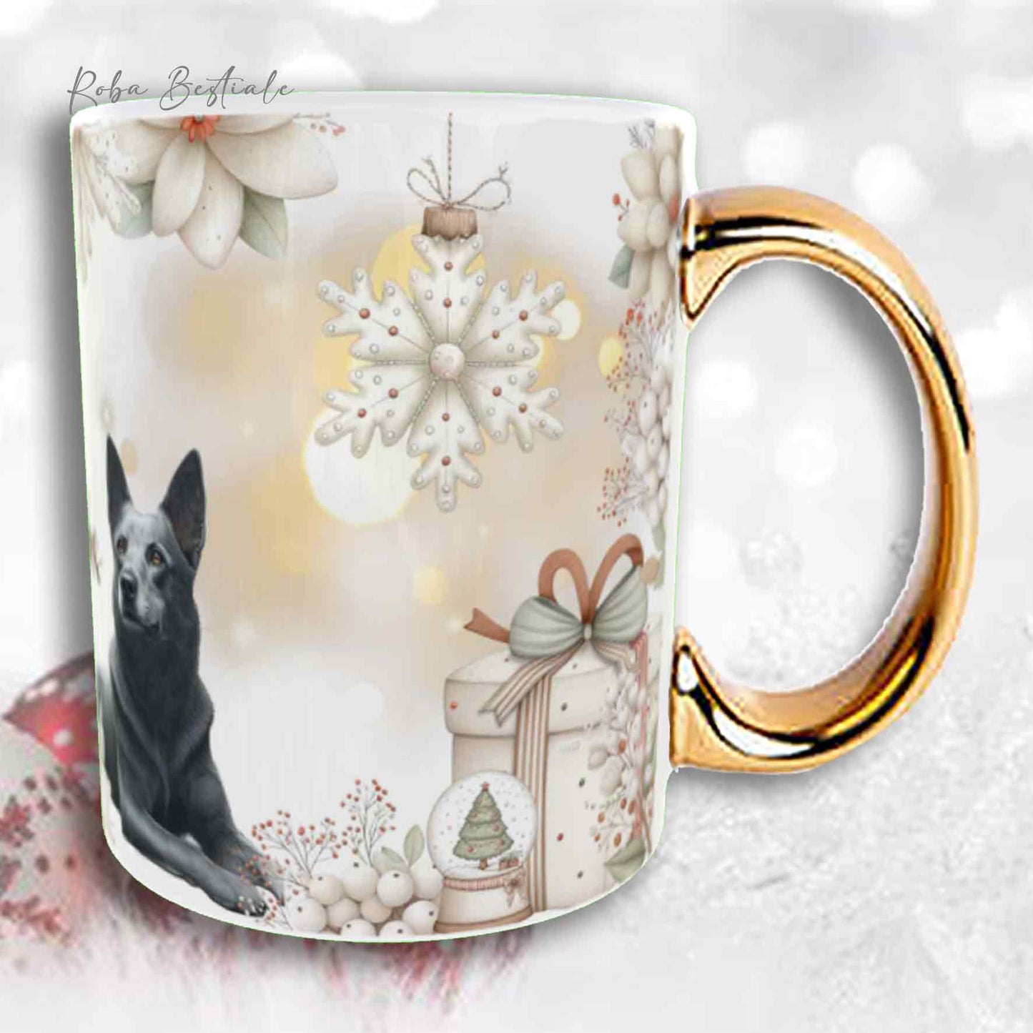 Tazza COZY WINTER - AUSTRALIAN KELPIE Blu Cenere - In Ceramica, con manico color Oro - 330 ml