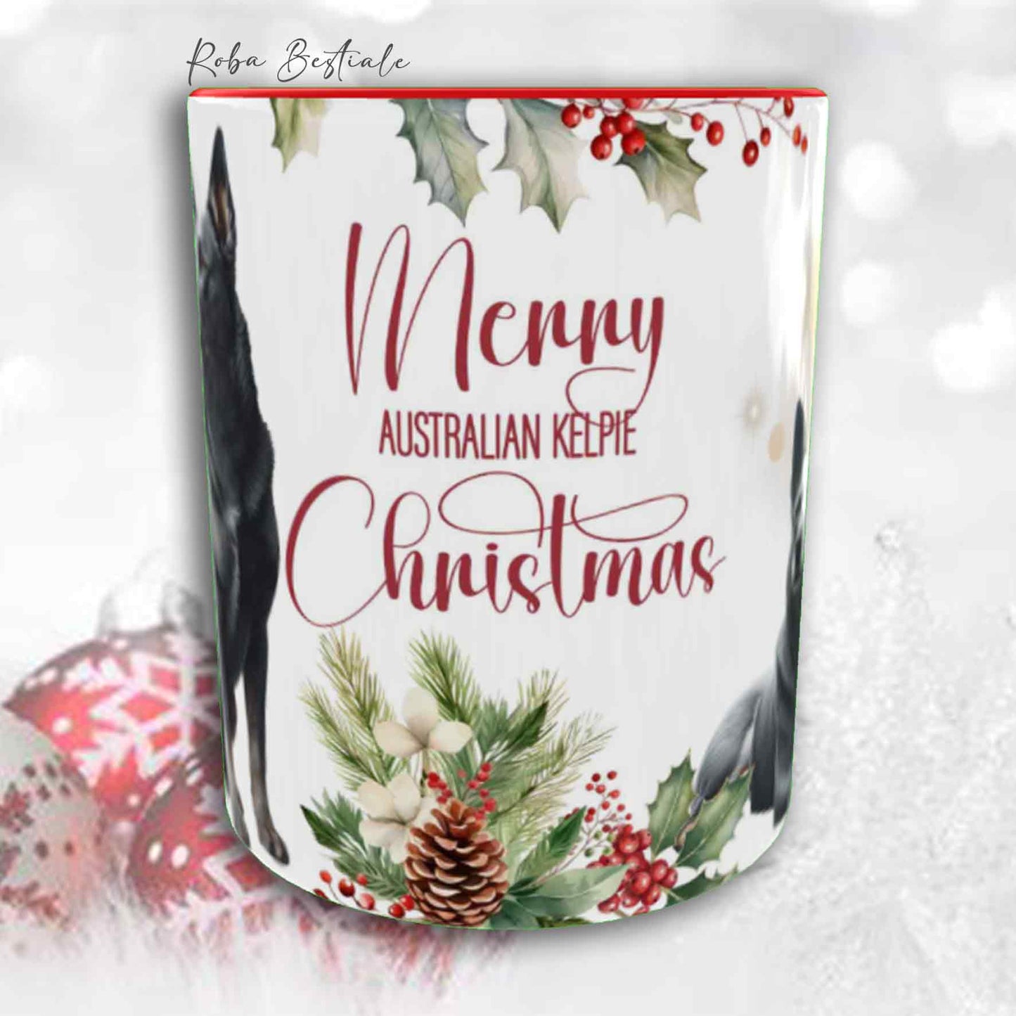 Tazza VINTAGE WINTER - AUSTRALIAN KELPIE Blu Cenere - In Ceramica, con dettagli Rossi - 330 ml