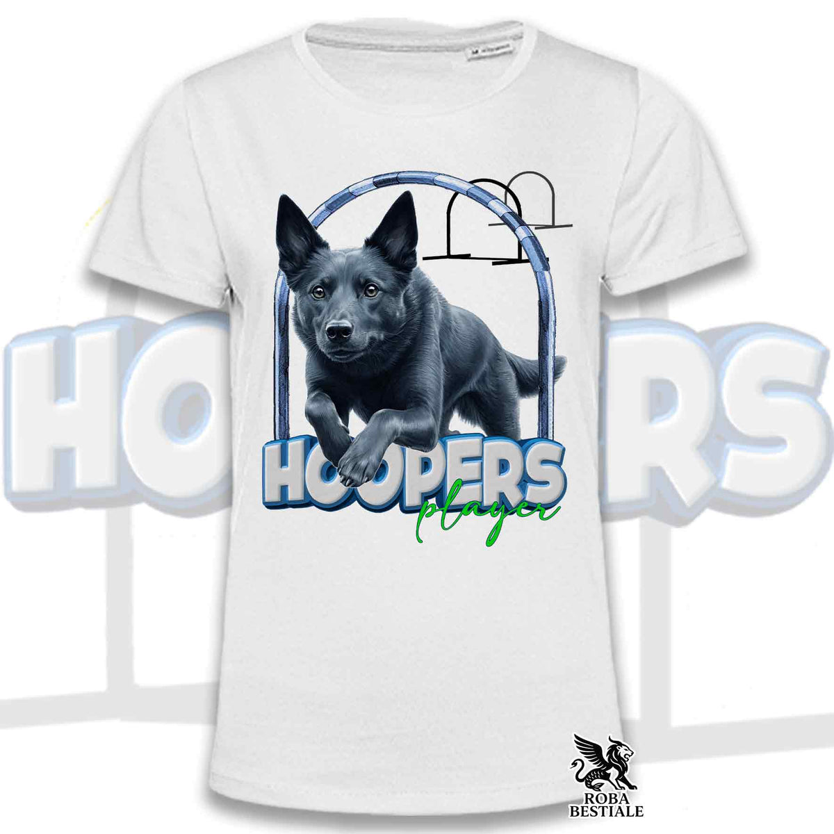 T-shirt bianca con stampa HOOPERS Play e cane nero con canestro blu