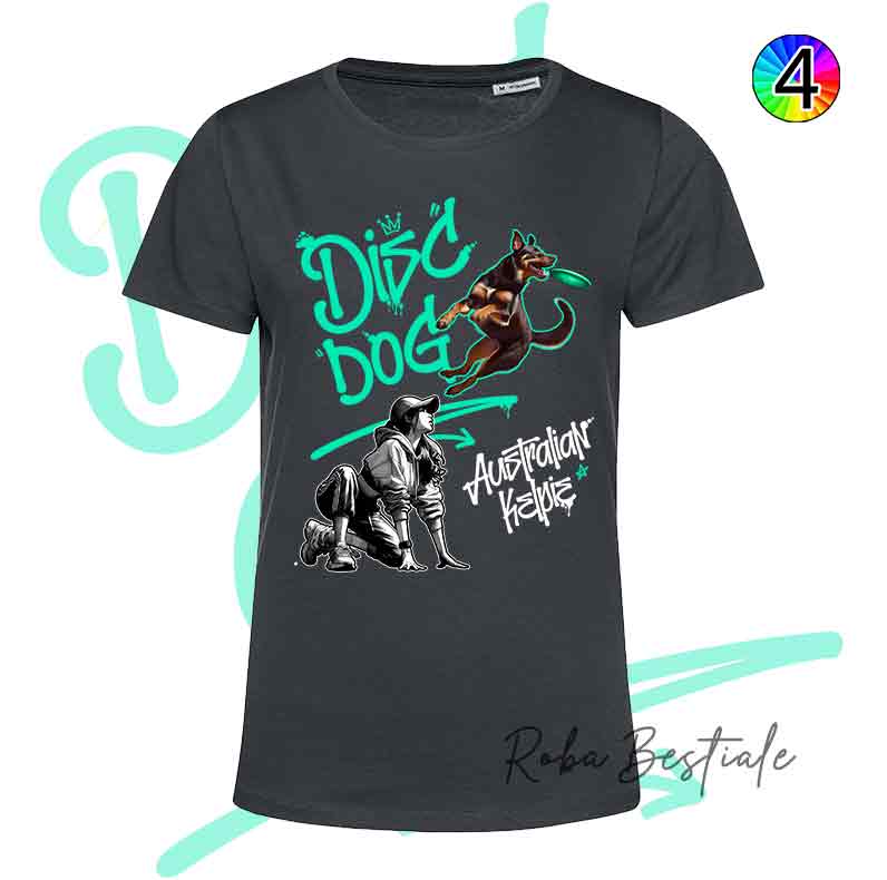 T-Shirt NERA Disc Dog GRAFFITI - AUSTRALIAN KELPIE Chocolate - Design "GIRL" - Dettagli in 4 colori!