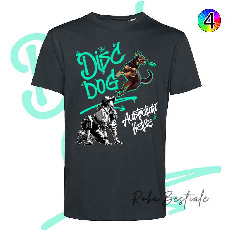 T-Shirt NERA Disc Dog GRAFFITI - AUSTRALIAN KELPIE Chocolate - Design "GIRL" - Dettagli in 4 colori!