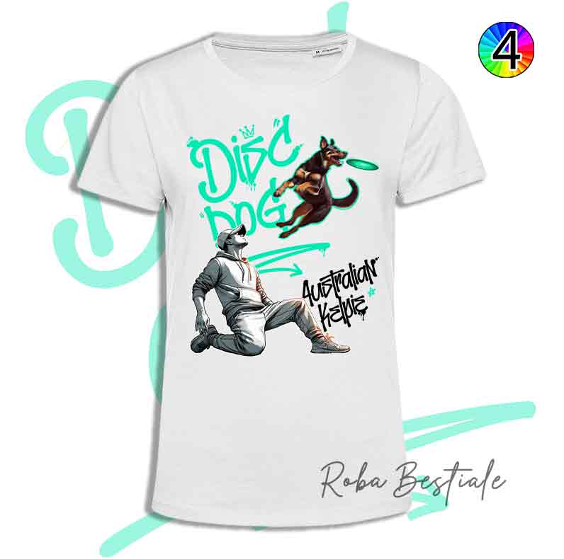 T-Shirt Disc Dog GRAFFITI - AUSTRALIAN KELPIE Chocolate - Design "BOY" - Dettagli in 4 colori!