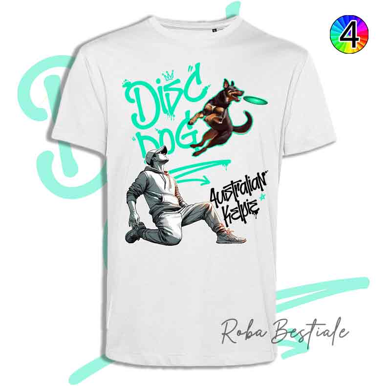 T-Shirt Disc Dog GRAFFITI - AUSTRALIAN KELPIE Chocolate - Design "GIRL" - Dettagli in 4 colori!