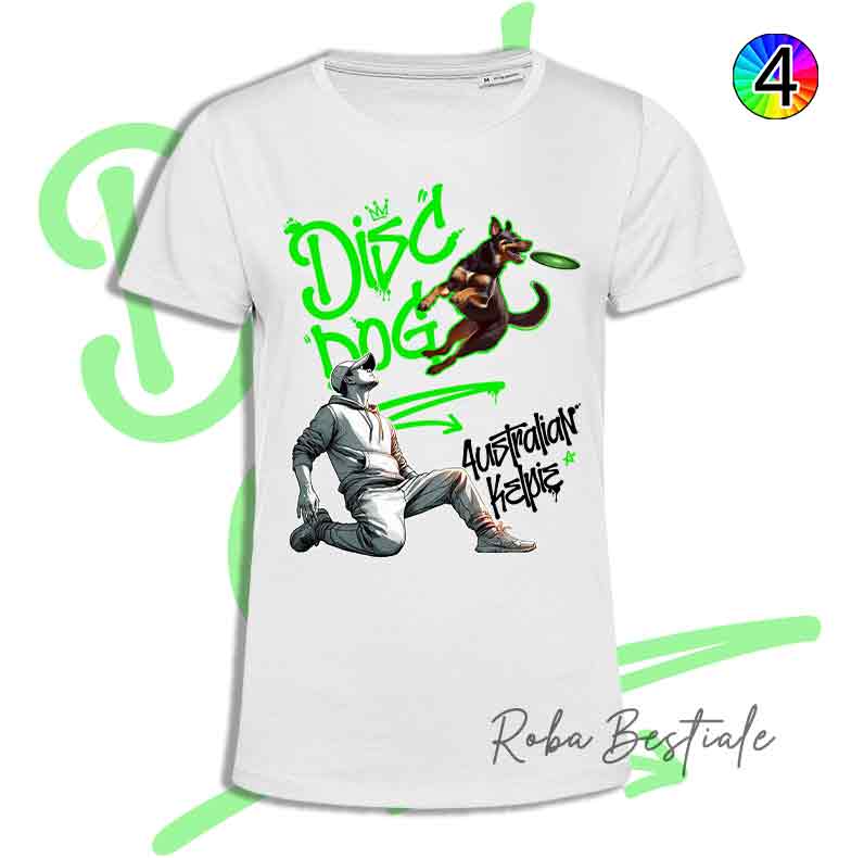 T-Shirt Disc Dog GRAFFITI - AUSTRALIAN KELPIE Chocolate - Design "BOY" - Dettagli in 4 colori!