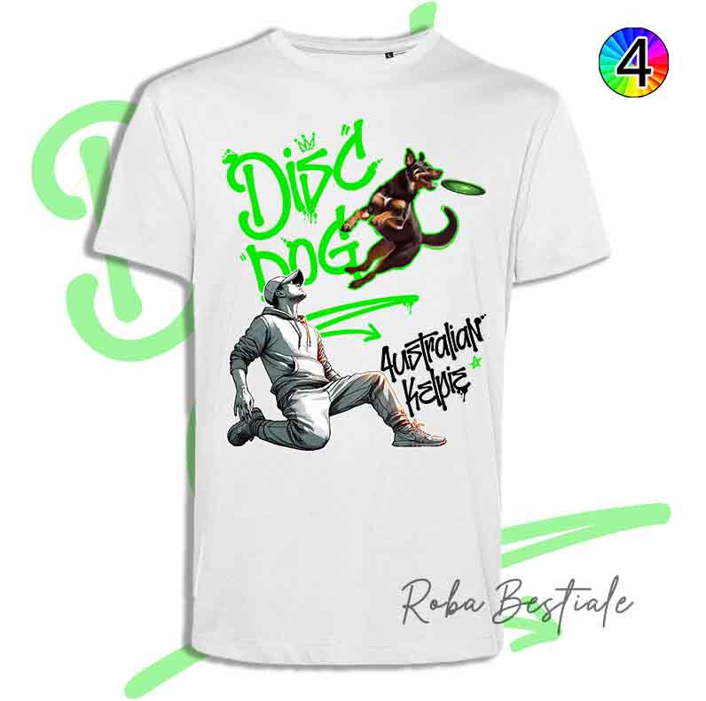 T-Shirt Disc Dog GRAFFITI - AUSTRALIAN KELPIE Chocolate - Design "BOY" - Dettagli in 4 colori!