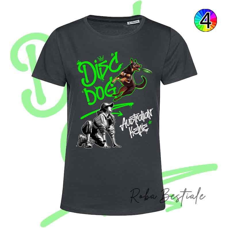 T-Shirt NERA Disc Dog GRAFFITI - AUSTRALIAN KELPIE Chocolate - Design "GIRL" - Dettagli in 4 colori!