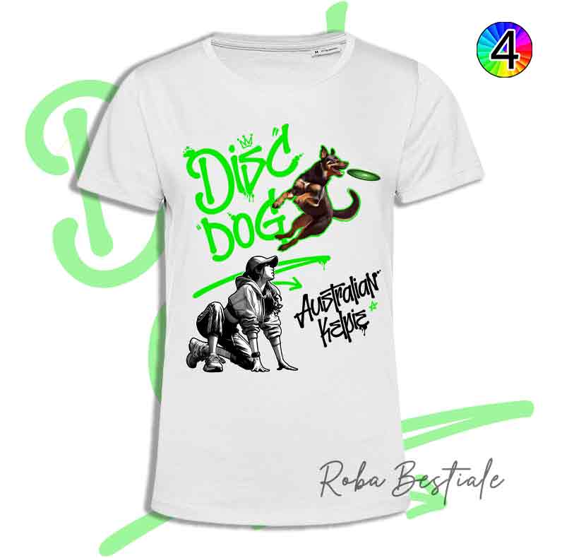 T-Shirt Disc Dog GRAFFITI - AUSTRALIAN KELPIE Chocolate - Design "GIRL" - Dettagli in 4 colori!