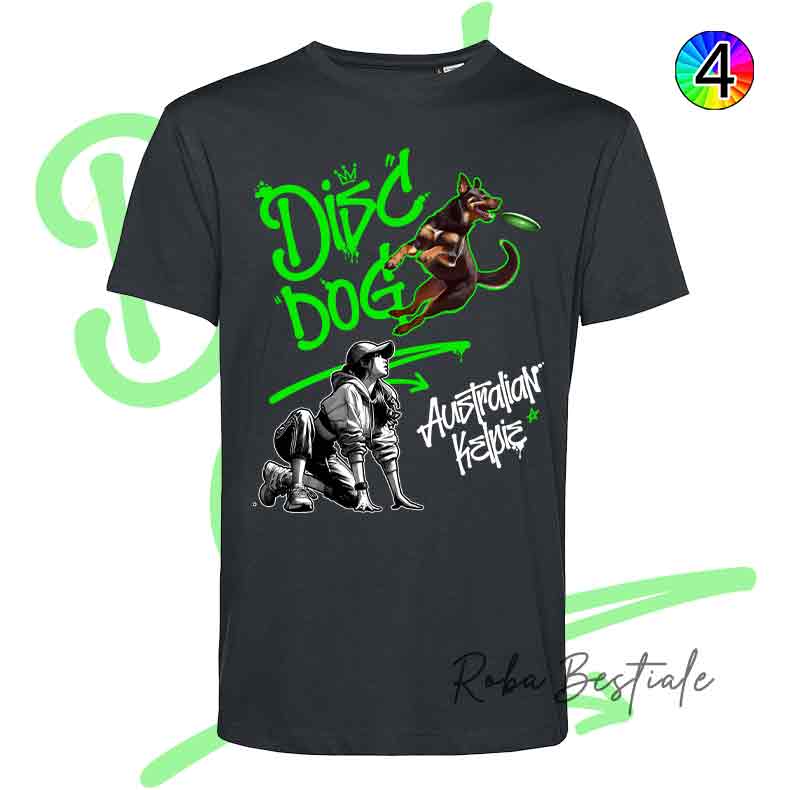 T-Shirt NERA Disc Dog GRAFFITI - AUSTRALIAN KELPIE Chocolate - Design "GIRL" - Dettagli in 4 colori!
