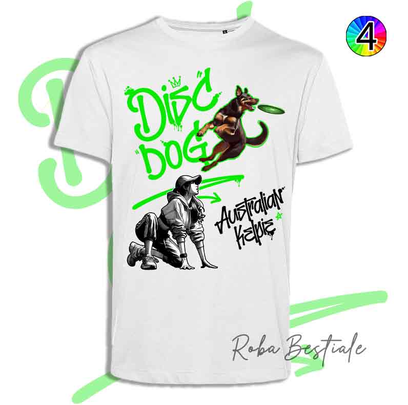 T-Shirt Disc Dog GRAFFITI - AUSTRALIAN KELPIE Chocolate - Design "GIRL" - Dettagli in 4 colori!