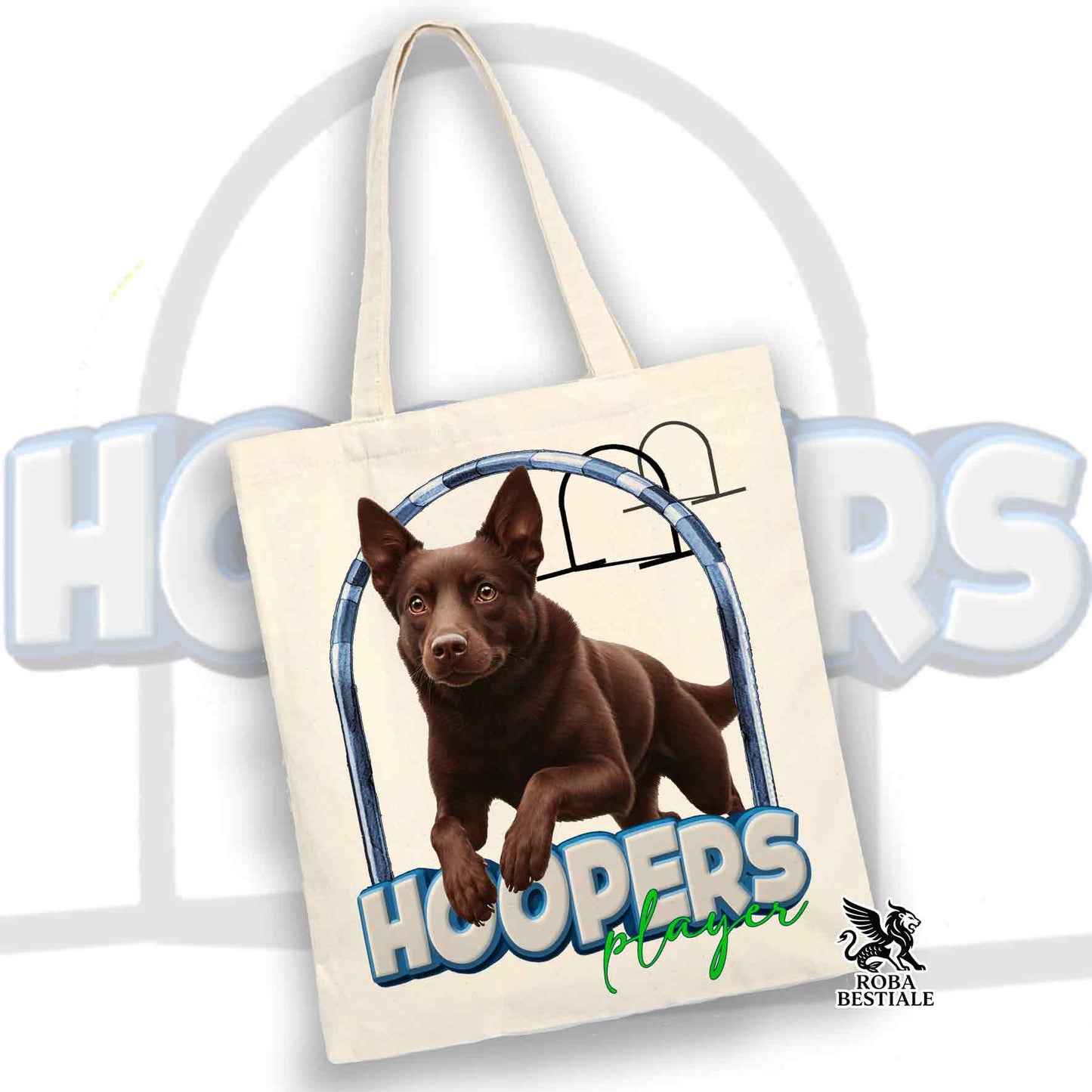 Tote Bag HOOPERS Player - AUSTRALIAN KELPIE Chocolate - 100% Cotone - Bianca o Beige