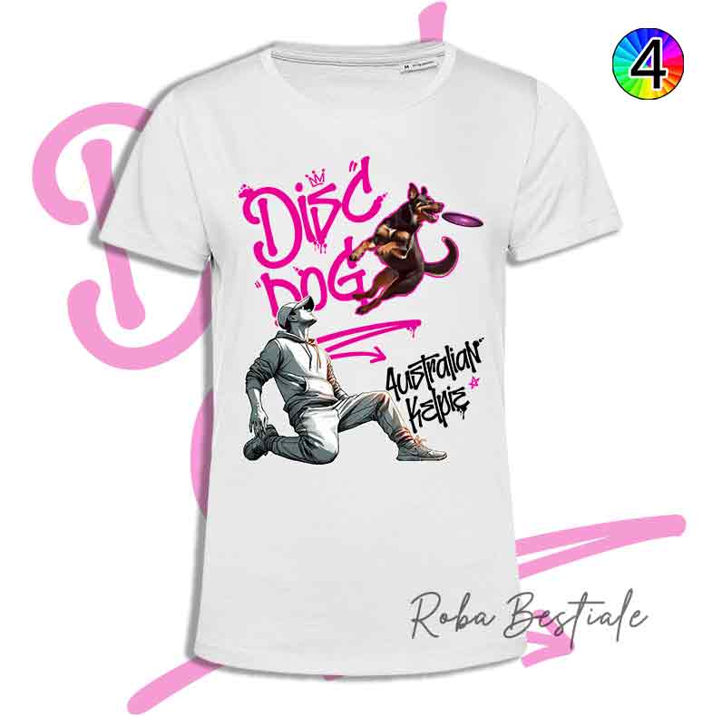 T-Shirt Disc Dog GRAFFITI - AUSTRALIAN KELPIE Chocolate - Design "BOY" - Dettagli in 4 colori!