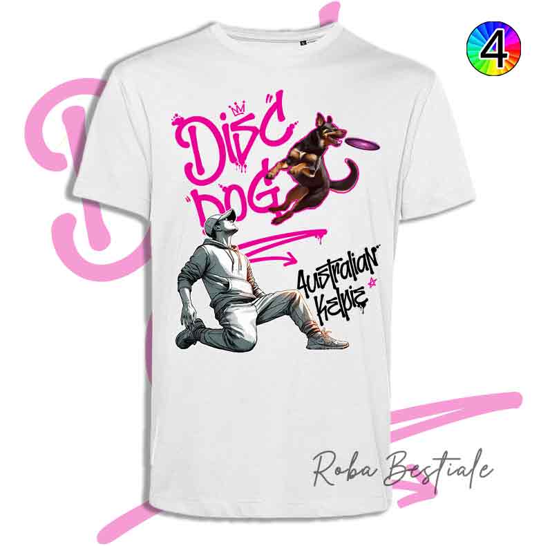 T-Shirt Disc Dog GRAFFITI - AUSTRALIAN KELPIE Chocolate - Design "BOY" - Dettagli in 4 colori!
