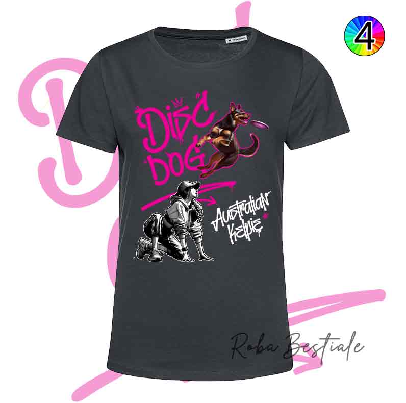 T-Shirt NERA Disc Dog GRAFFITI - AUSTRALIAN KELPIE Chocolate - Design "GIRL" - Dettagli in 4 colori!