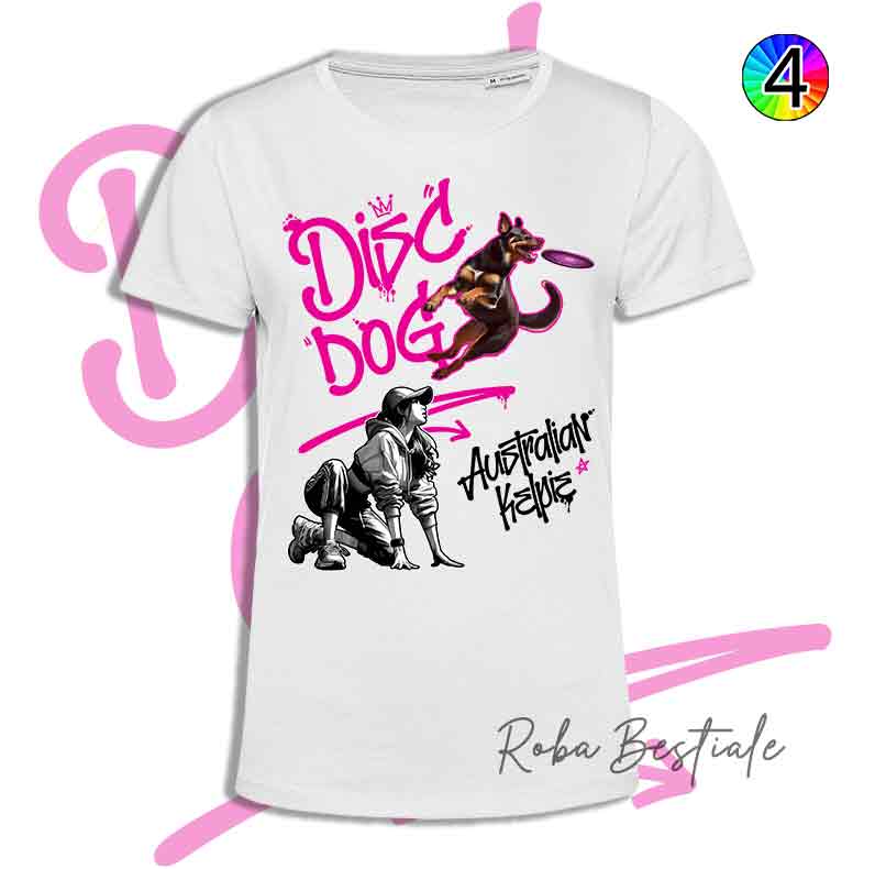 T-Shirt Disc Dog GRAFFITI - AUSTRALIAN KELPIE Chocolate - Design "GIRL" - Dettagli in 4 colori!