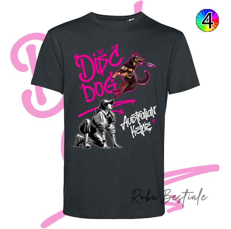 T-Shirt NERA Disc Dog GRAFFITI - AUSTRALIAN KELPIE Chocolate - Design "GIRL" - Dettagli in 4 colori!