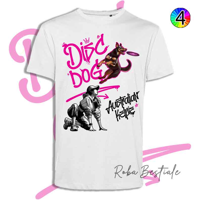 T-Shirt Disc Dog GRAFFITI - AUSTRALIAN KELPIE Chocolate - Design "GIRL" - Dettagli in 4 colori!